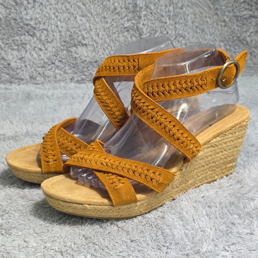 Minnetonka Espadrille Wedge Sandals Brown‎ Leather Braided Straps Women 9 EXC